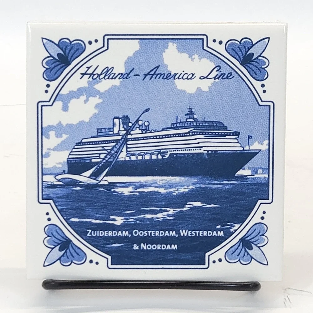 Vtg Holland America Line Tile Coaster Delft Blue Maritime Coastal Decorative 4pc